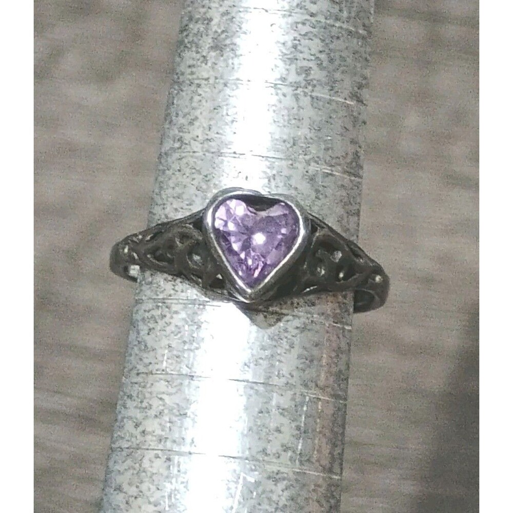 Heart Shaped Amethyst Openwork Sterling Silver 925 Vintage Ring Size 5